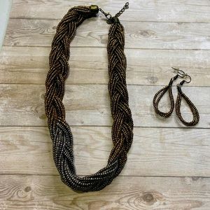 Bronze and Silver Braided Necklace and Earring Set
